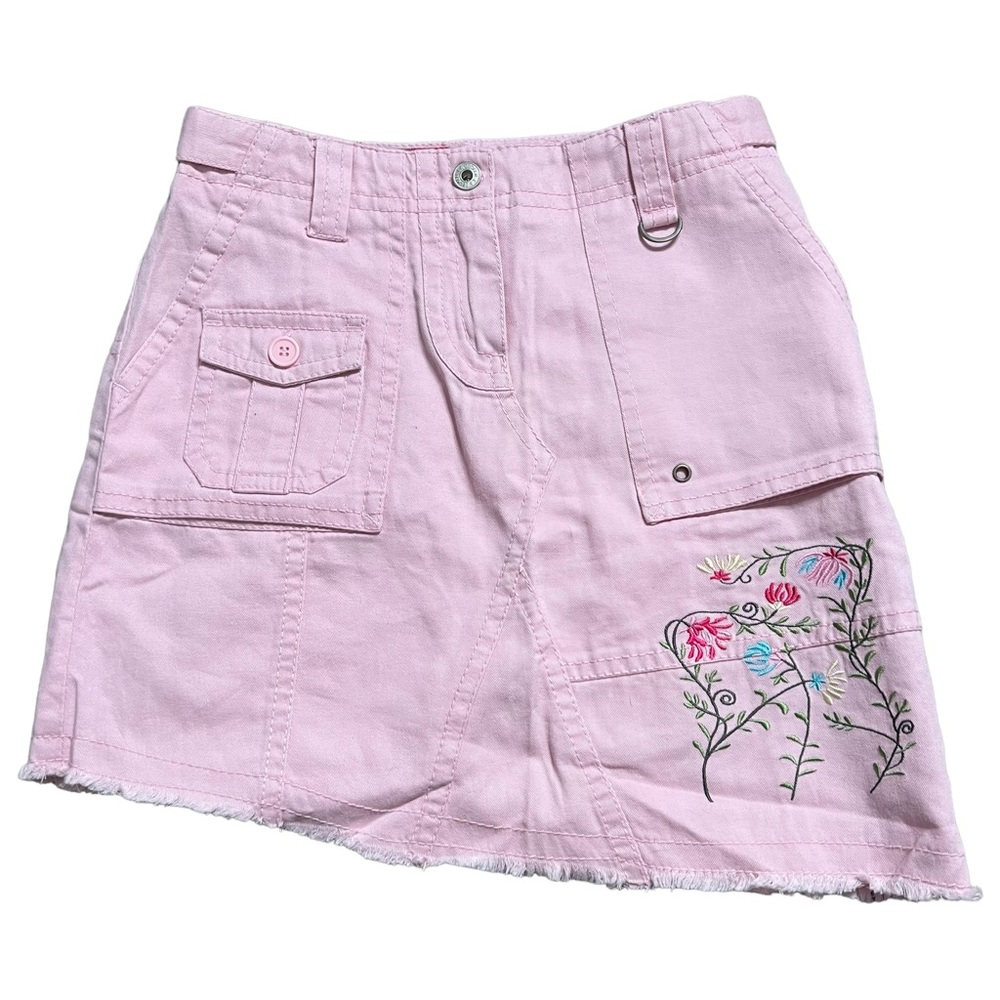 La Decker Pink Denim Floral Embroidered Cargo Skirt Size Medium Vintage Y2K.